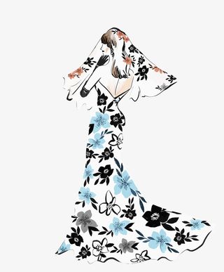 蓝色碎花露背礼服裙时尚女孩免抠