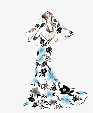 蓝色碎花露背礼服裙时尚女孩免抠