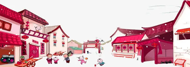 红色中国风村庄边框纹理免抠