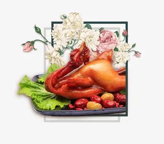 烧鸡盘子蔬菜手绘花免抠