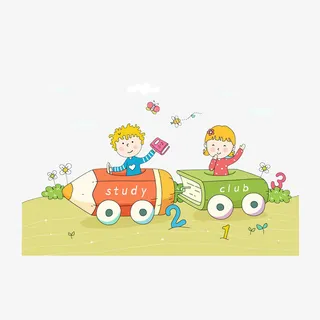 卡通学生乘坐铅笔书本火车免抠