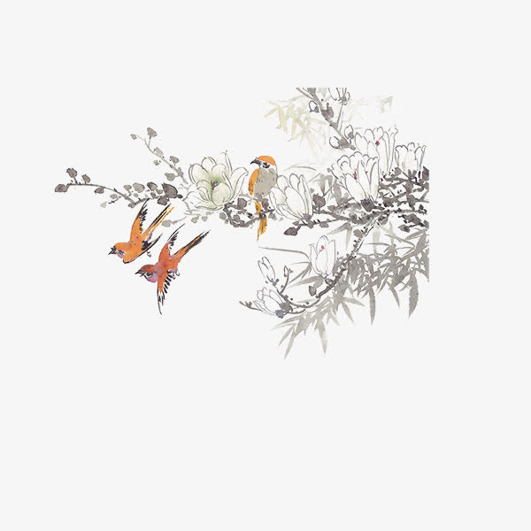 水墨古风树枝小鸟免抠