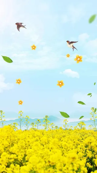 蓝色手绘油菜花春天PSD分层H5背景素材高清