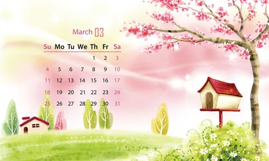 年绿色梦环手绘风景遇见春天台历3月份高清
