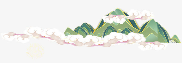 卡通绿色大山祥云装饰图案免抠