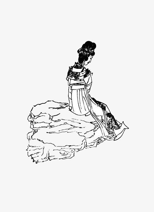 坐在石头上的古代女子背影免抠