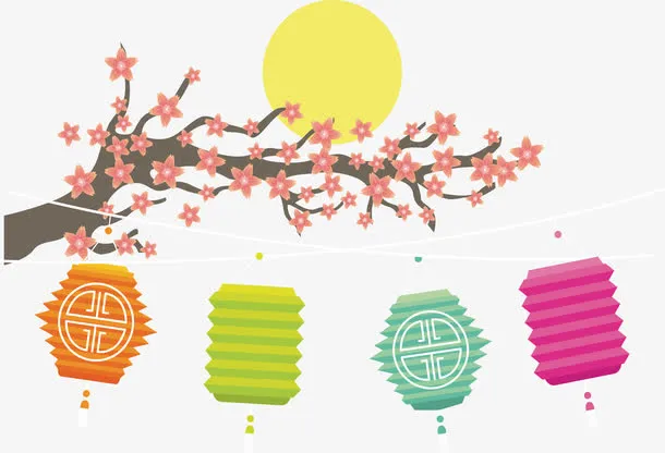 浪漫桃花枝彩色灯笼免抠