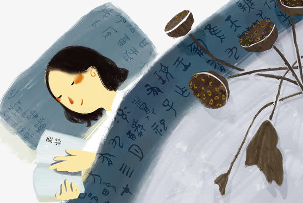中国风手绘装饰插图睡着的女孩免抠