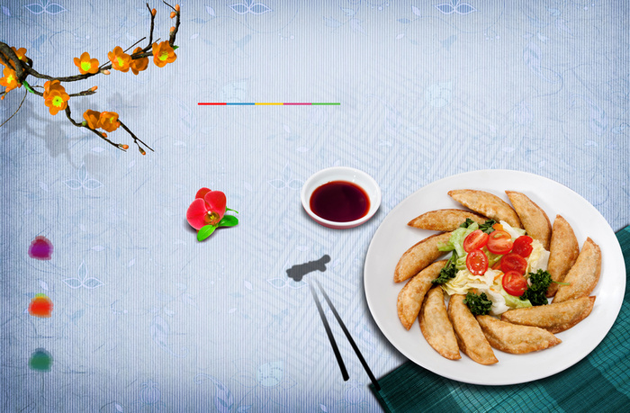 中国风饺子醋鲜花树枝蓝色背景素材高清