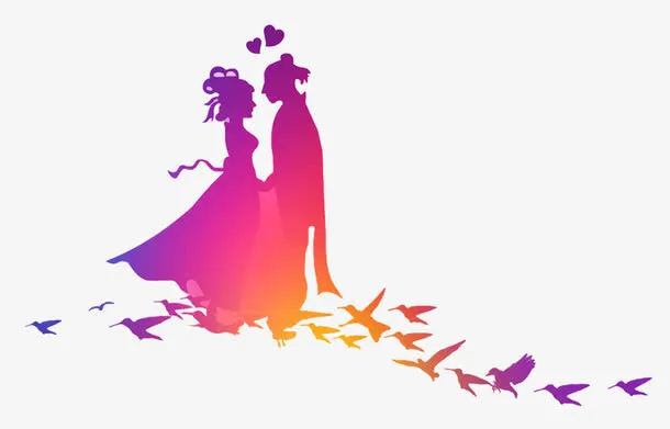 唯美精美卡通牛郎织女剪影爱心飞免抠