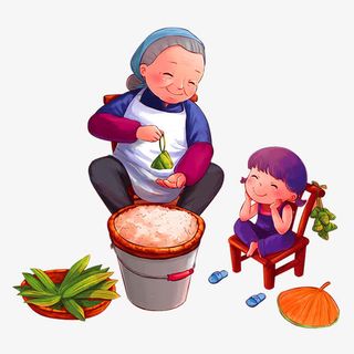 卡通老奶奶包粽子女孩节日元素免抠