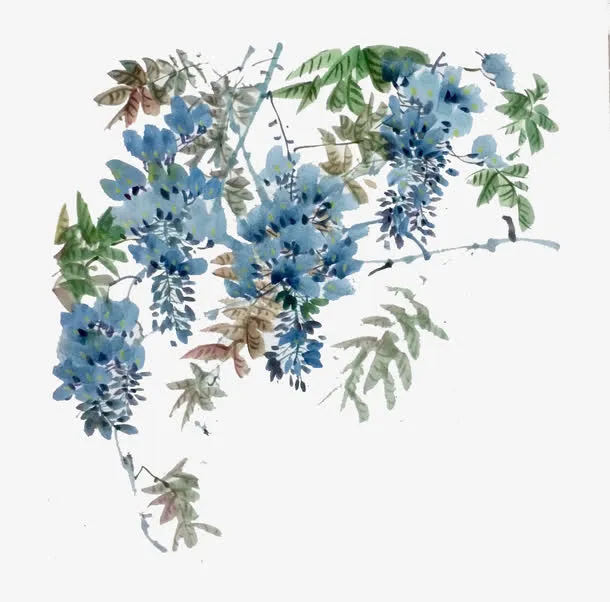 手绘墨画紫藤花免抠
