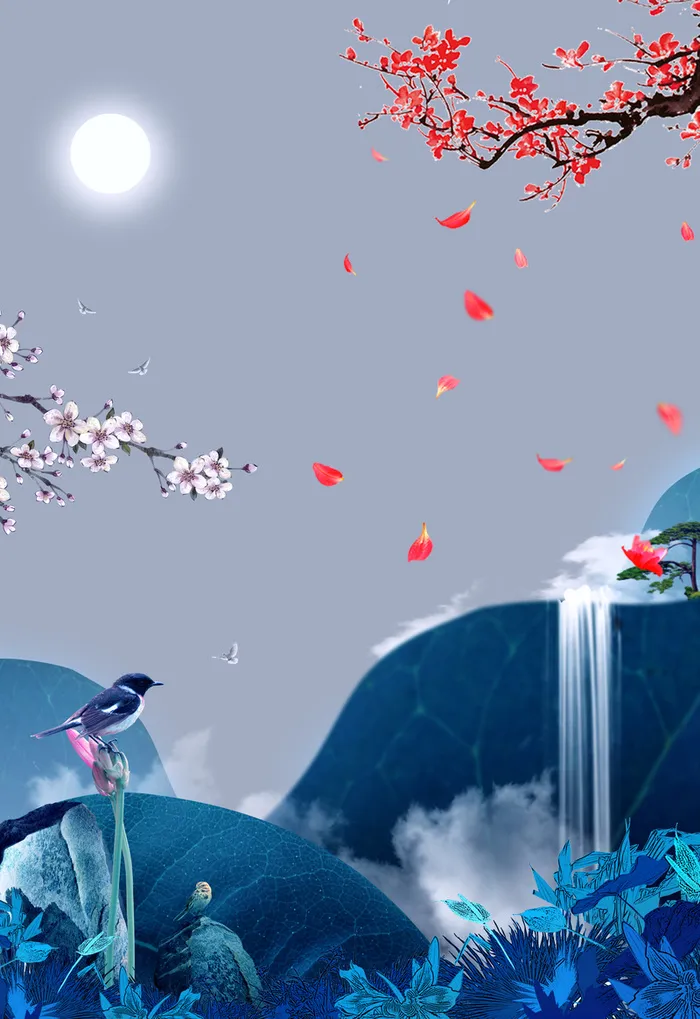 中国风梅花花瓣下的瀑布背景素材高清