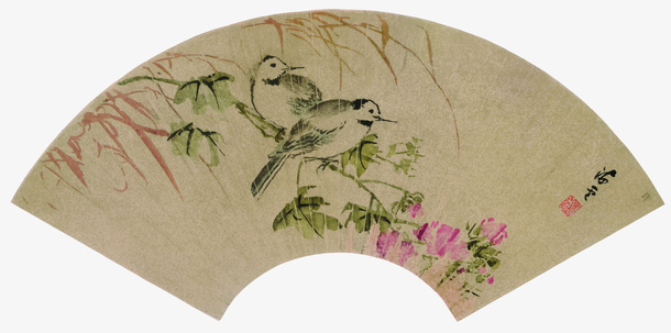 清新古风花鸟图扇面免抠