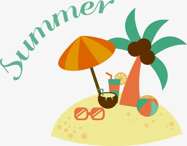 手绘卡通夏日主题沙滩太阳伞免抠