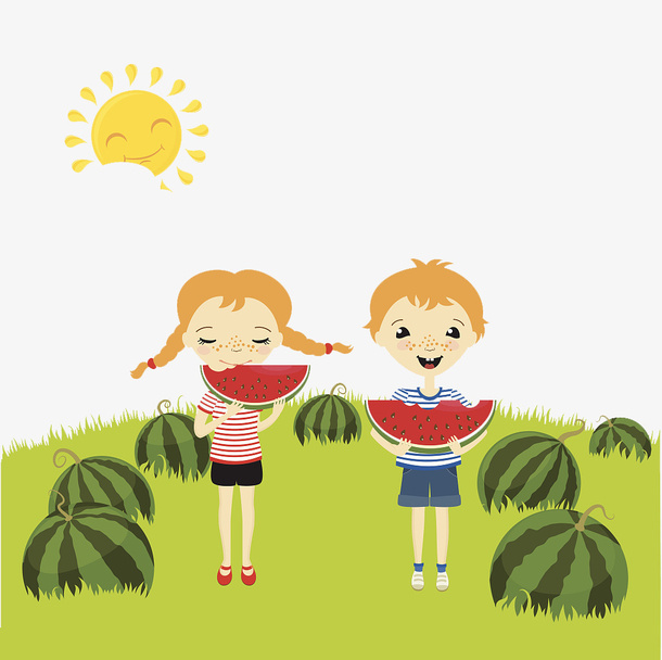 夏日草地上吃西瓜的孩子免抠
