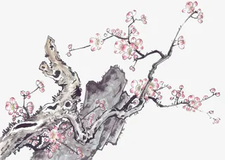 手绘水墨梅花小山免抠