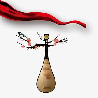 中国风元素琴梅花红丝带免抠