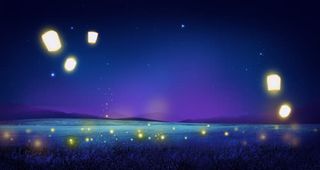 蓝色夜晚孔明灯卡通海报背景免抠