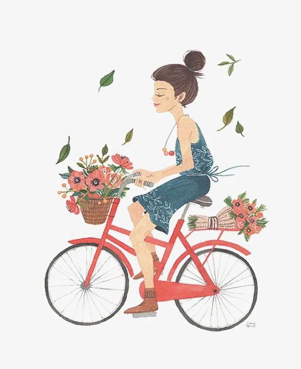 手绘春天小女孩骑车踏春免抠