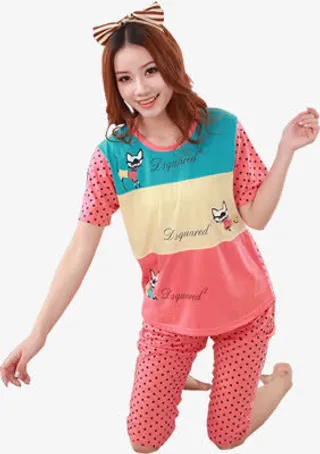 红色小清新夏日睡衣免抠