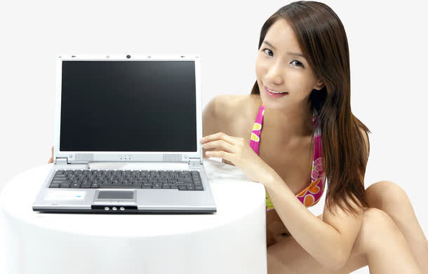 创意合成美女白色笔记本电脑比基尼免抠
