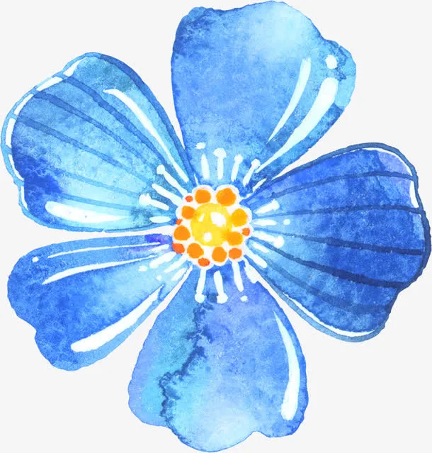 蓝色水彩卡通花朵免抠