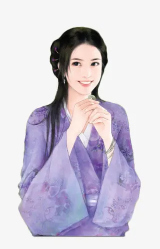 拿铜钱的紫衣美女古风手绘免抠