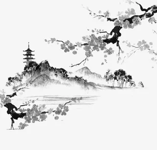手绘水墨楼阁山水画免抠