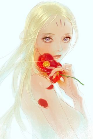 手绘手拿鲜花的美少女免抠