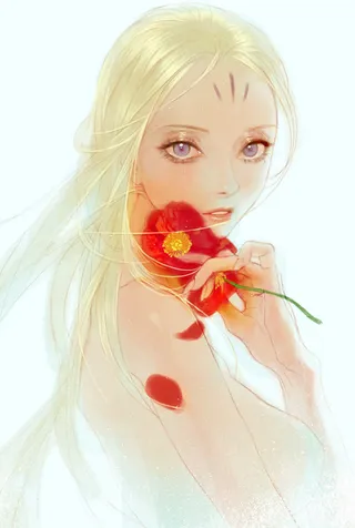 手绘手拿鲜花的美少女免抠