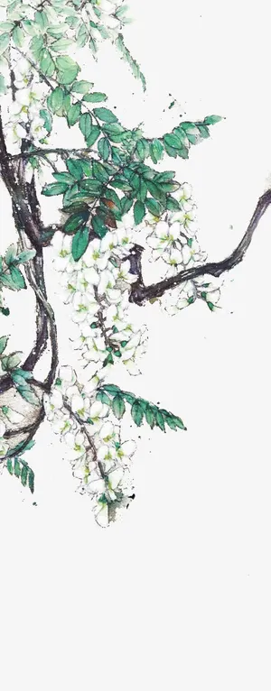 水彩樱花绿叶树枝免抠