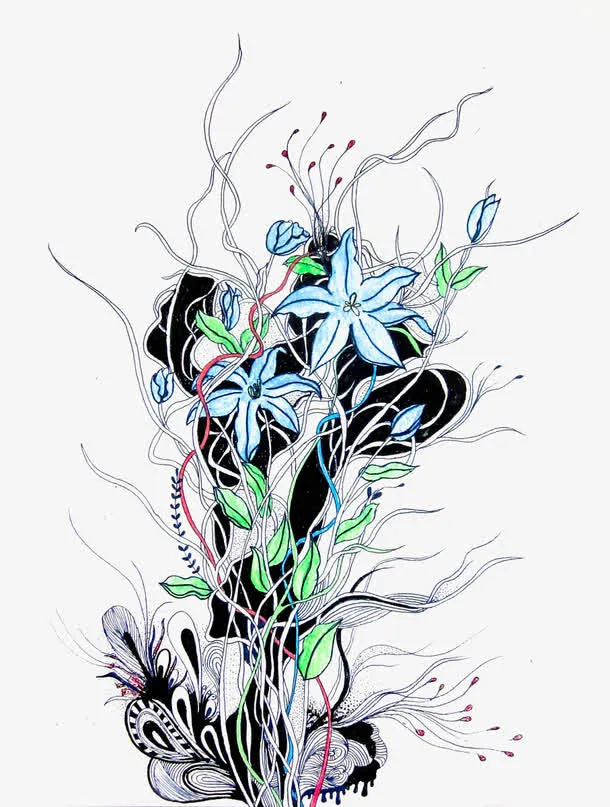 手绘蓝色鲜花免抠