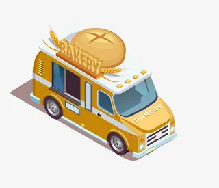 手绘卡通立体2.5D烘焙面包快餐车免抠