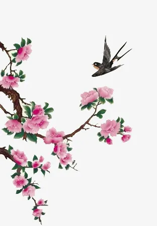 卡通手绘粉色的花朵与燕子免抠