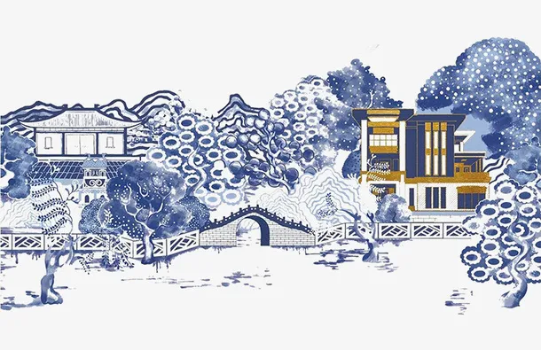 手绘水墨山水小巧楼阁风景画免抠