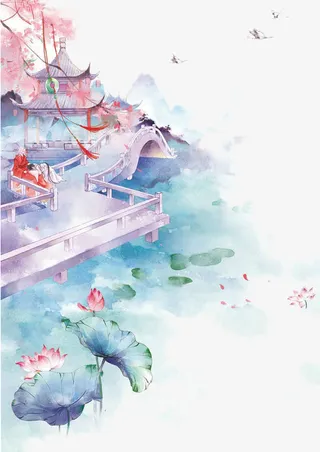 古风水彩画免抠