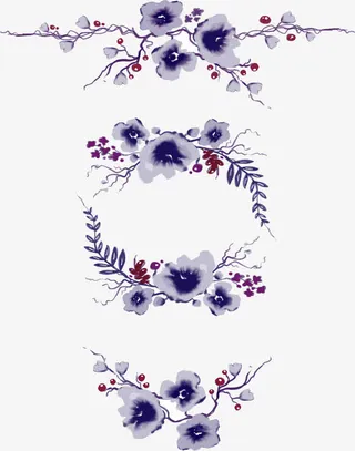 蓝色水彩手绘花朵标题框免抠