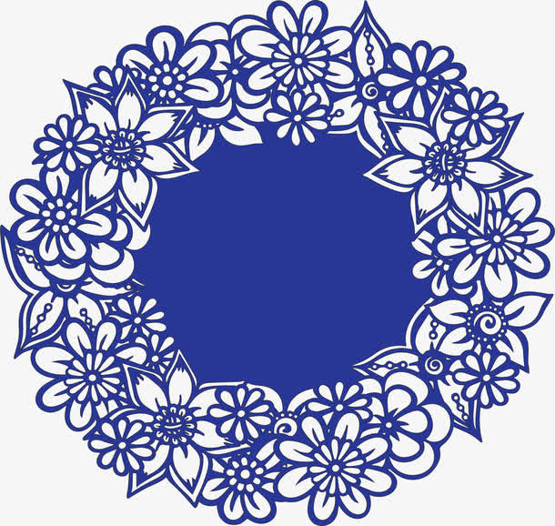 蓝色中国风剪纸花纹免抠