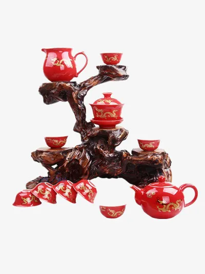红色茶具素材免抠