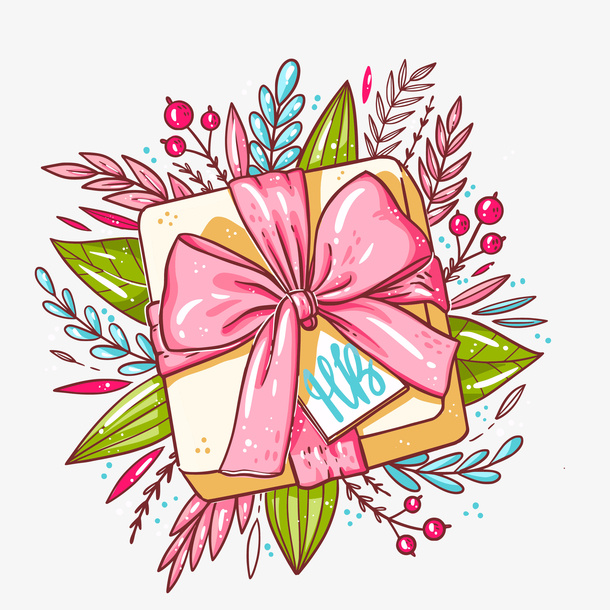 手绘礼物盒花束免抠