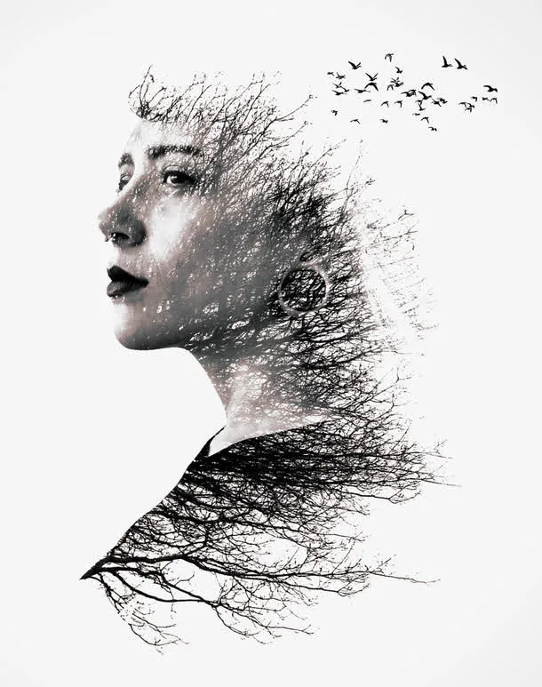 树枝美女创意插画免抠