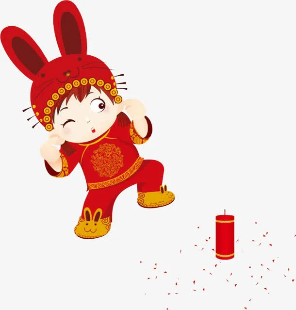 放鞭炮的卡通女孩透明底背景PNG素材