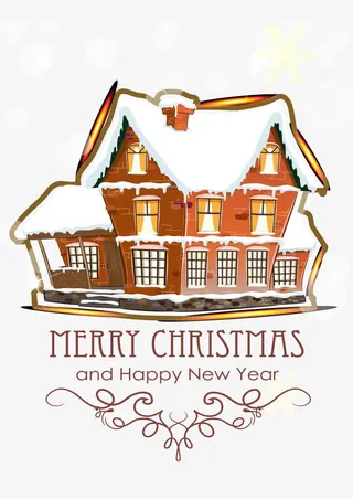 积雪房屋圣诞贺卡矢量素材免抠