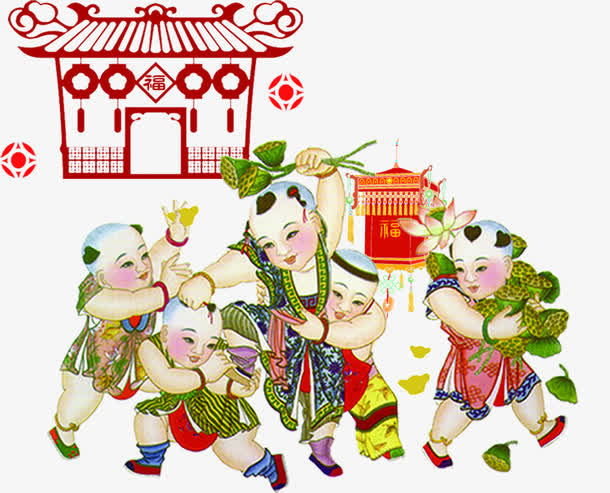 手绘卡通房屋福娃免抠
