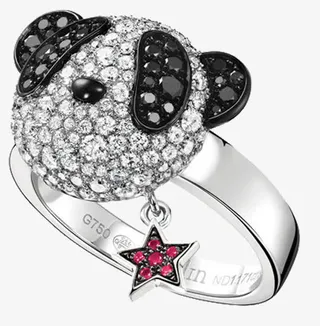 黑钻镶熊猫戒指实物促销免抠