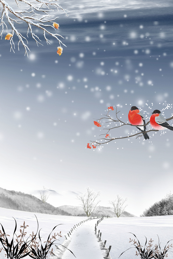 蓝色唯美雪景节气海报背景素材高清