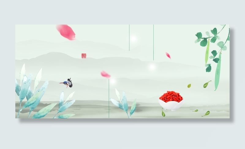 中式约会春天水墨感枸杞风景背景素材高清