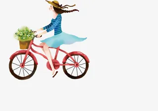 可爱手绘插图踏青春日骑车女孩免抠