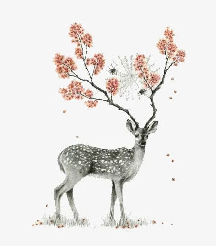 水墨画梅花鹿免抠动植物动物元素